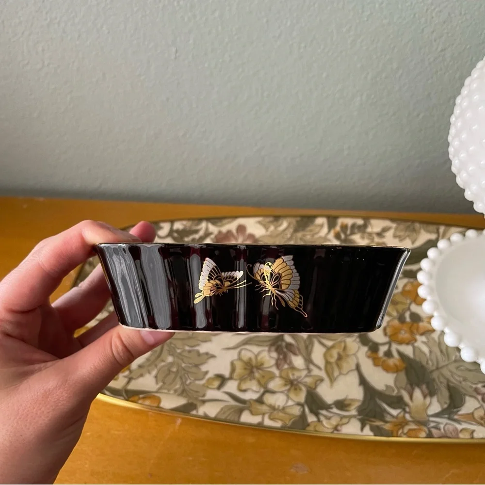 Kutani | Vintage Japanese Black Gold Iris Butterfly Soap Trinket Dish | Fairy